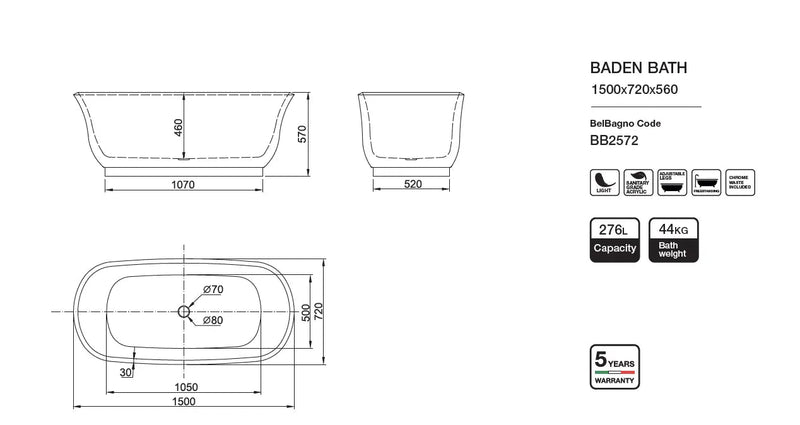 Belbagno - Belbagno Baden Freestanding Bathtub 1500mm - Semi Gloss White - Aqualux Bathrooms