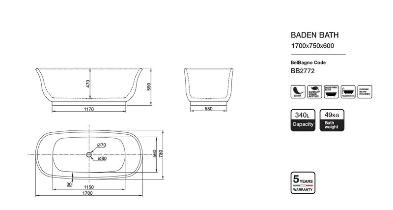 Belbagno - Belbagno Baden Freestanding Bathtub 1700mm - Semi Gloss White - Aqualux Bathrooms