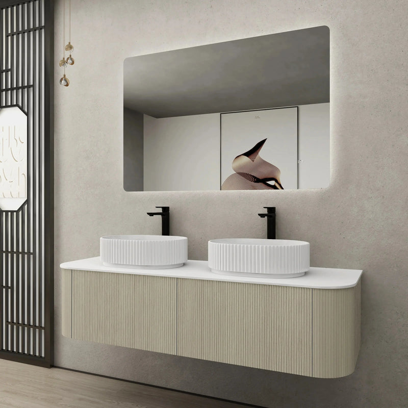Bronte Wall Hung Vanity 1500 (Coastal Oak/Double Bowl) - Aqualux Bathrooms- Poseidon