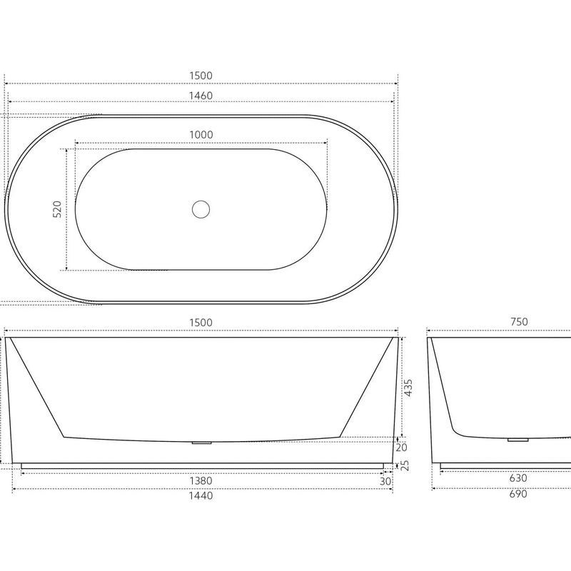 Ally Groove Oval Freestanding Bathtub 1500mm (No Overflow) - Aqualux Bathrooms- Poseidon