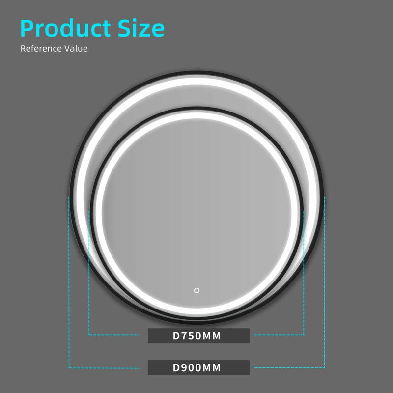 AQUAPERLA ROUND FRAMED LED MIRROR 3 COLOUR LIGHTS BLACK 750MM