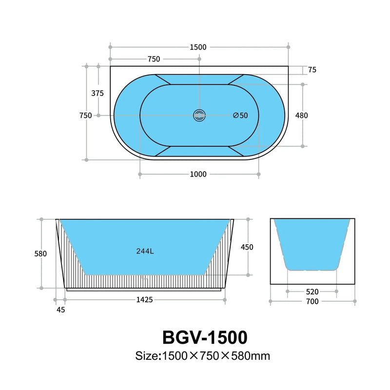 Bari Groove Back To Wall Bathtub 1500mm (No Overflow) - Aqualux Bathrooms- Poseidon
