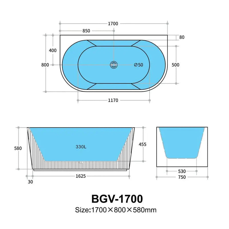 Bari Groove Back To Wall Bathtub 1700mm (No Overflow) - Aqualux Bathrooms- Poseidon