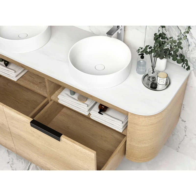 OTTI BONDI NATURAL OAK 1500MM CURVE DOUBLE BOWL WALL HUNG VANITY (SHOWROOM DISPLAY)
