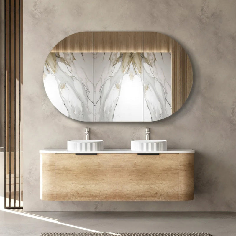 OTTI BONDI NATURAL OAK 1500MM CURVE DOUBLE BOWL WALL HUNG VANITY (SHOWROOM DISPLAY)