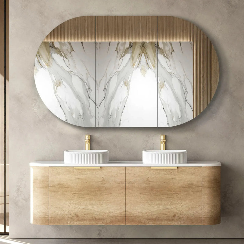 OTTI BONDI NATURAL OAK 1500MM CURVE DOUBLE BOWL WALL HUNG VANITY (SHOWROOM DISPLAY)