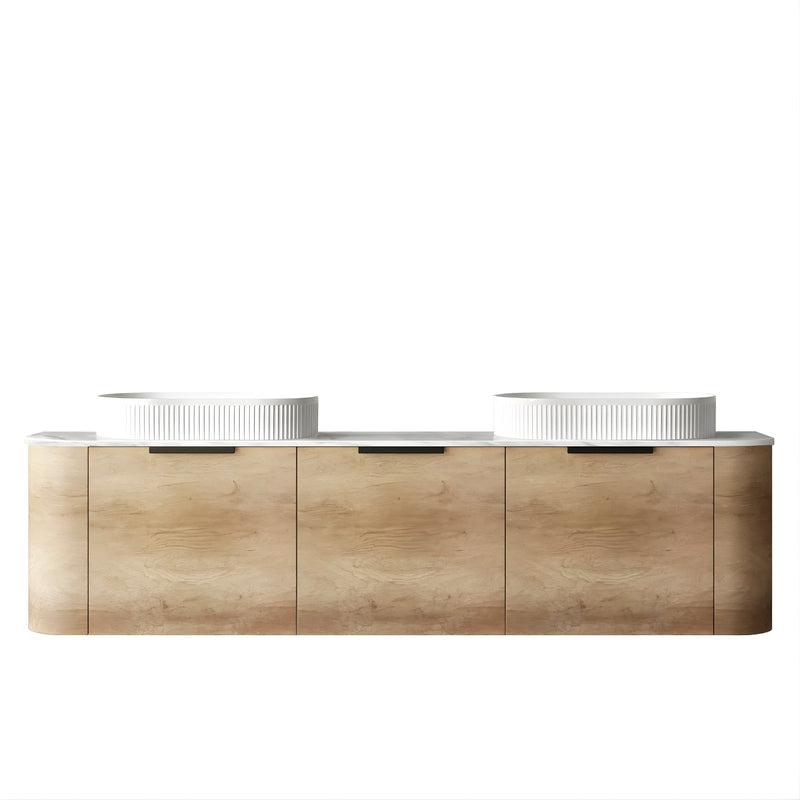 OTTI BONDI NATURAL OAK 1800MM CURVE DOUBLE BOWL WALL HUNG VANITY