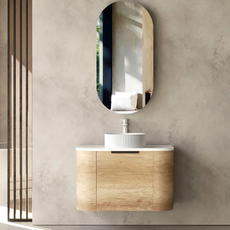 OTTI BONDI NATURAL OAK 750MM CURVE SINGLE BOWL WALL HUNG VANITY