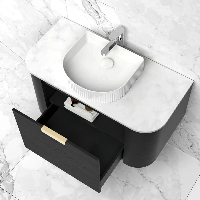 OTTI BONDI BLACK OAK 900MM CURVE SINGLE BOWL WALL HUNG VANITY