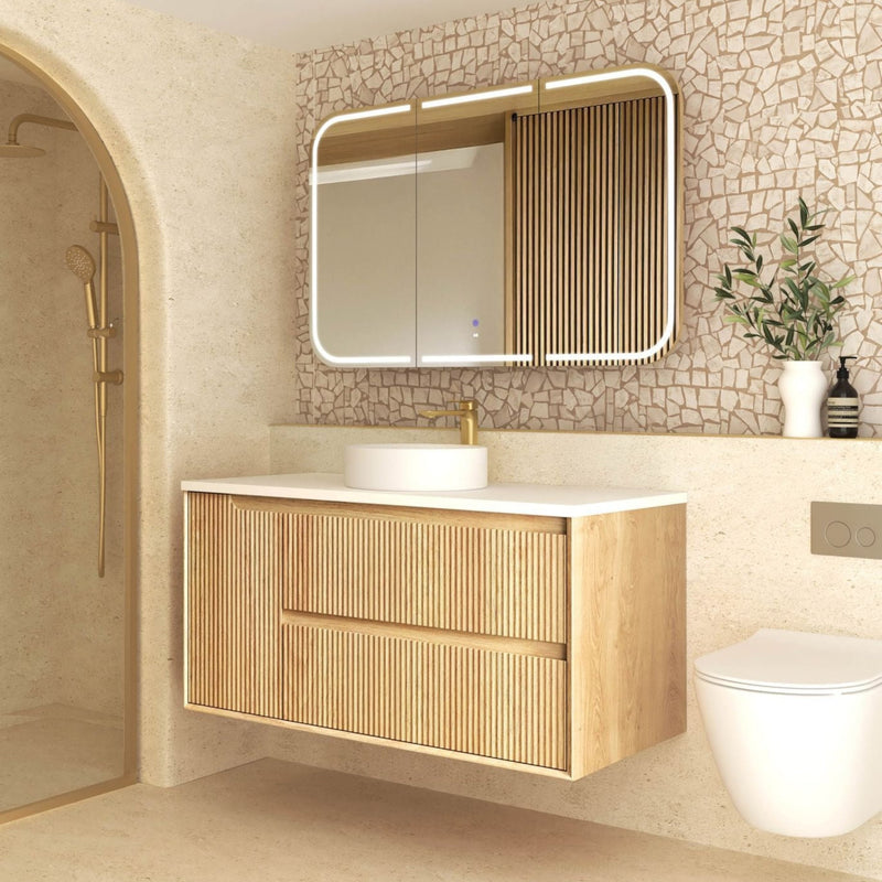 OTTI BYRON WOODLAND OAK FLUTED 1200MM SINGLE BOWL WALL HUNG VANITY