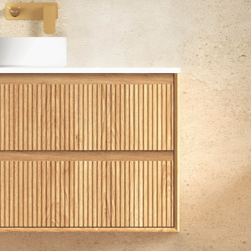 OTTI BYRON WOODLAND OAK FLUTED 1200MM SINGLE BOWL WALL HUNG VANITY