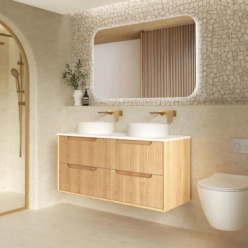 OTTI BYRON WOODLAND OAK FLUTED 1200MM DOUBLE BOWL WALL HUNG VANITY