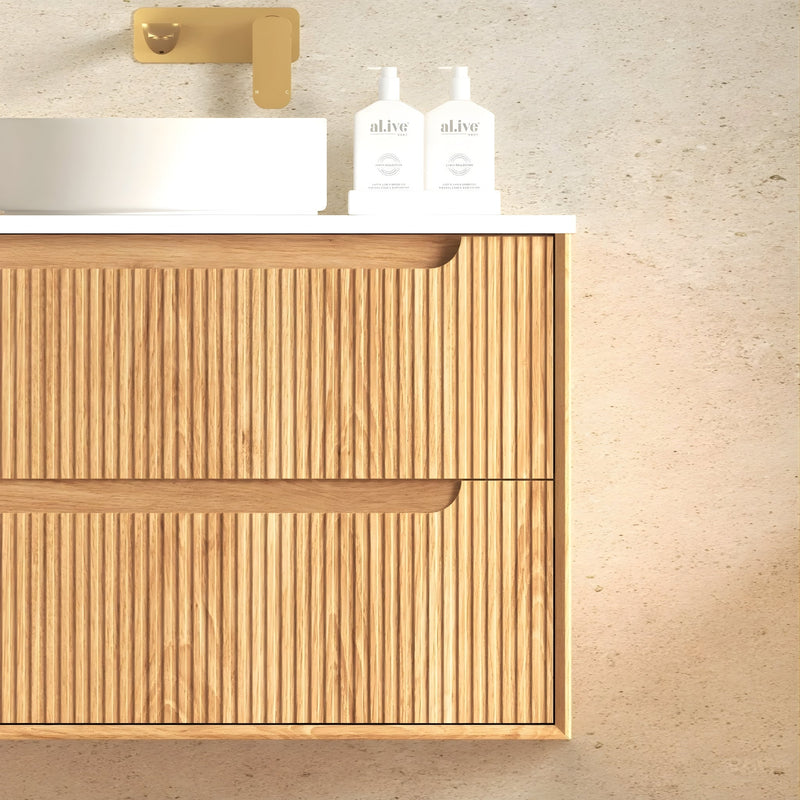 OTTI BYRON WOODLAND OAK FLUTED 1200MM DOUBLE BOWL WALL HUNG VANITY