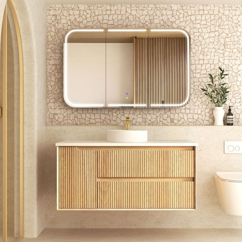 OTTI BYRON WOODLAND OAK FLUTED 1200MM SINGLE BOWL WALL HUNG VANITY
