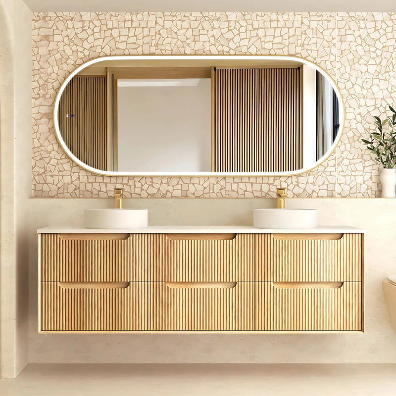 OTTI BYRON WOODLAND OAK FLUTED 1800MM DOUBLE BOWL WALL HUNG VANITY