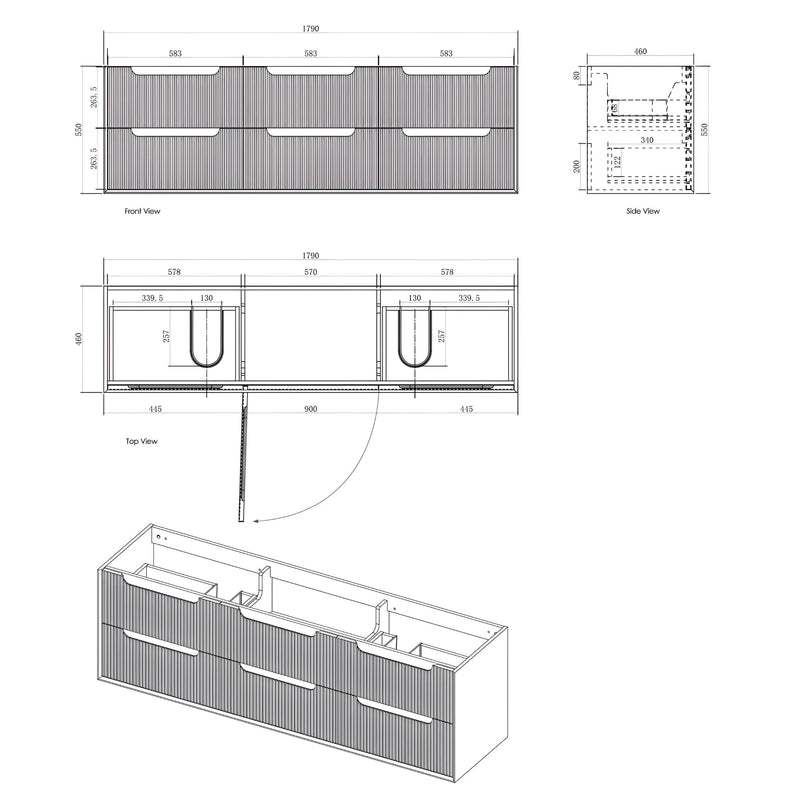 OTTI BYRON WOODLAND OAK FLUTED 1800MM DOUBLE BOWL WALL HUNG VANITY