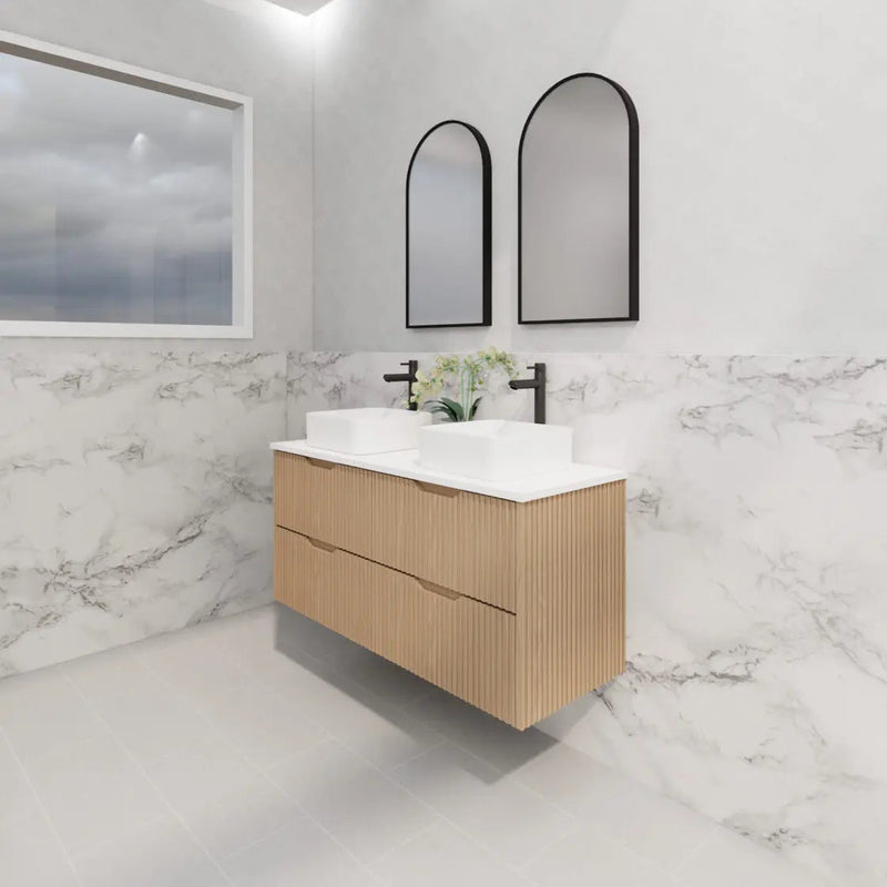 ABS Riva - Riva Bali Wall Hung Double Bowl Vanity 1200mm - American Oak - Aqualux Bathrooms