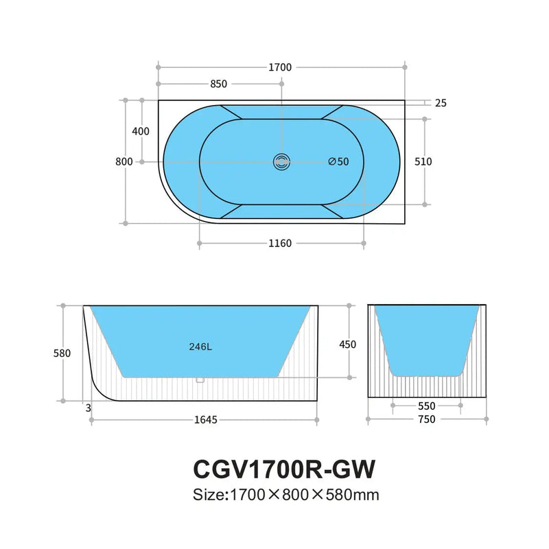Capri Right Corner Bathtub 1700mm (No Overflow) - Aqualux Bathrooms- Poseidon