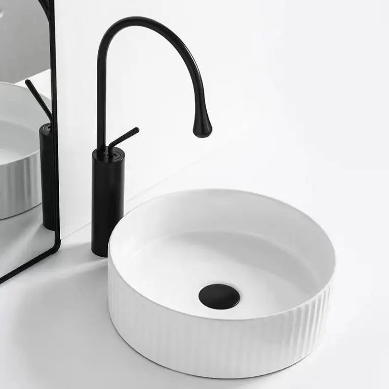 Cora Above Counter Fluted Matt White Circle Basin - Aqualux Bathrooms- Mercio