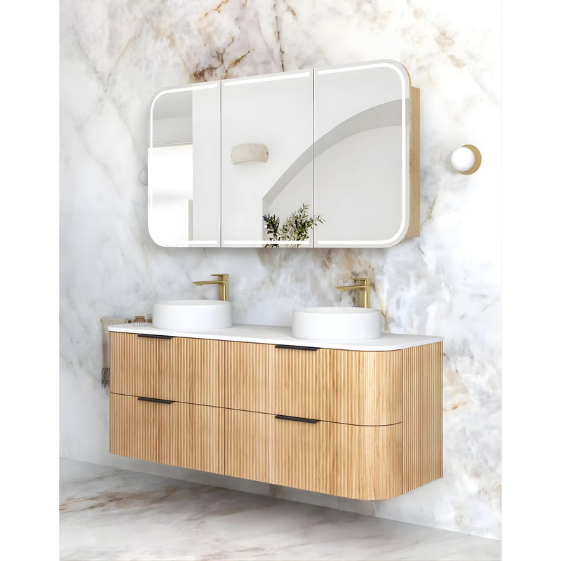 OTTI HAVANA WOODLAND OAK FLUTED 1500MM CURVE DOUBLE BOWL WALL HUNG VANITY