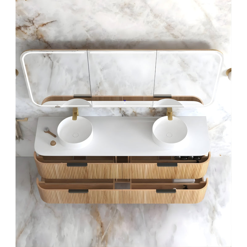 OTTI HAVANA WOODLAND OAK FLUTED 1800MM CURVE DOUBLE BOWL WALL HUNG VANITY