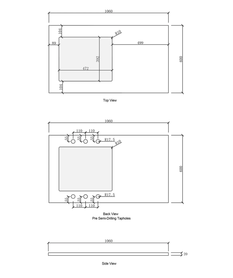 OTTI SOLID SURFACE 1060MM LAUNDRY CARRARA STONE TOP