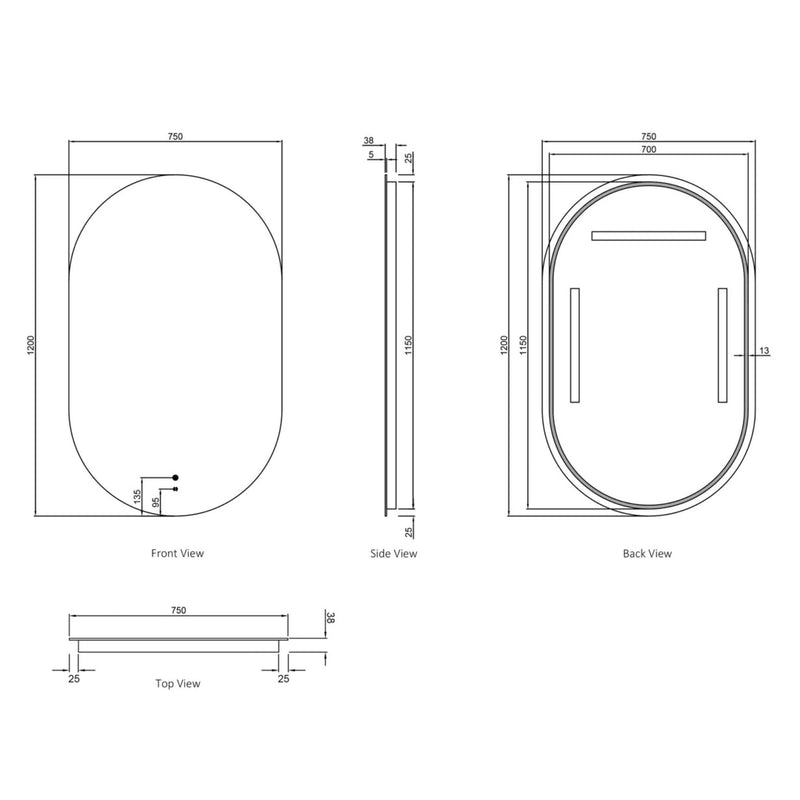 OTTI NOOSA METAL FRAMED LED MIRROR MATTE BLACK 750X1200MM