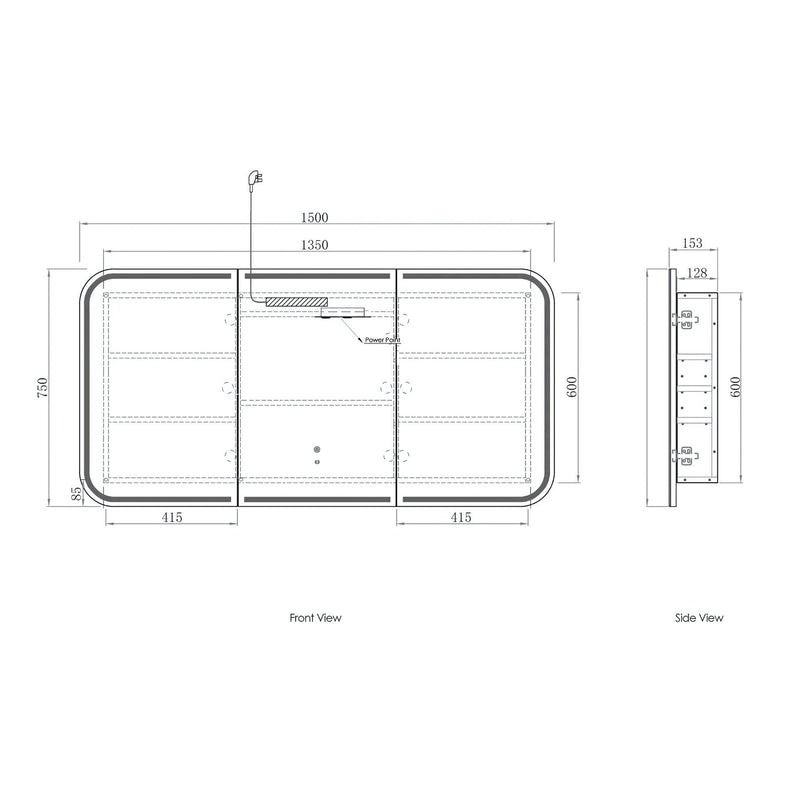 OTTI NEWPORT BLACK OAK LED SHAVING CABINET WITH POWERPOINT 1500X750MM