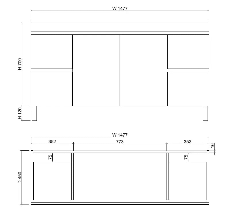 ABS Riva - Riva Less Freestanding Double Bowl Vanity 1500mm - Gloss White - Aqualux Bathrooms