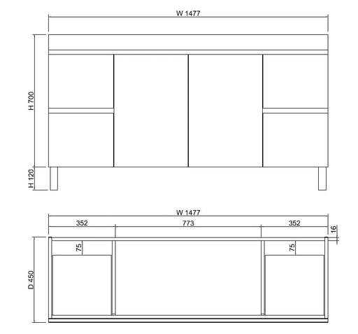 ABS Riva - Riva Less Freestanding Single Bowl Vanity 1500mm - Gloss White - Aqualux Bathrooms