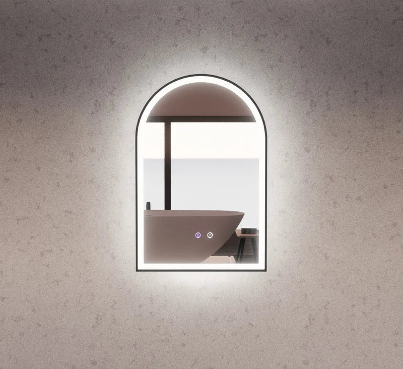 ABS Riva - Riva AR2 Framed Arch LED Mirror With 3 Colour Lights Front Lit and Back Lit 900mm - Black Framed - Aqualux Bathrooms