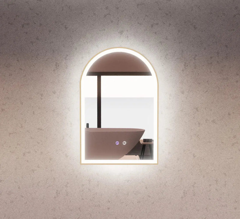 ABS Riva - Riva AR2 Framed Arch LED Mirror With 3 Colour Lights Front Lit and Back Lit 900mm - Gold Framed - Aqualux Bathrooms
