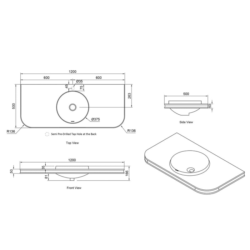 OTTI HAVANA ENGLISH EDGE MATTE WHITE UNDERMOUNT SINGLE VANITY TOP WITH ROUND BASIN (MULTIPLE SIZES AVAILABLE)