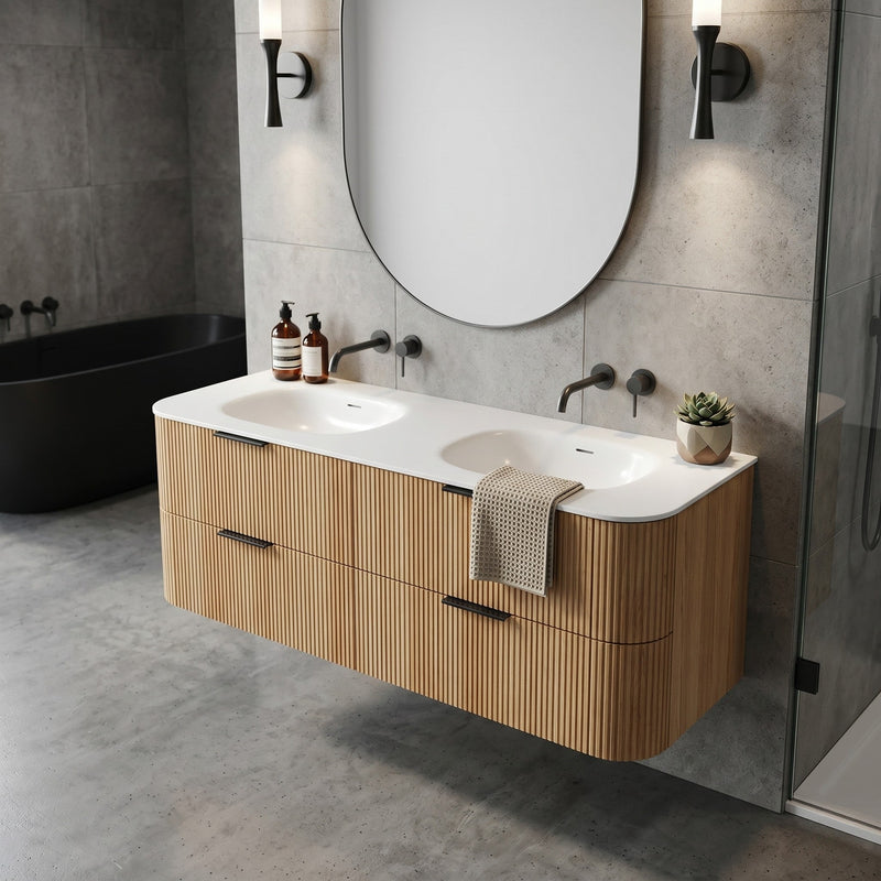 OTTI HAVANA CHLOE SILK MATTE WHITE UNDERMOUNT DOUBLE VANITY SOLID SURFACE STONE TOP WITH BASIN (AVAILABLE IN 1500MM AND 1800MM)