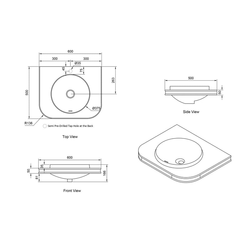 OTTI HAVANA ENGLISH EDGE MATTE WHITE UNDERMOUNT SINGLE VANITY TOP WITH ROUND BASIN (MULTIPLE SIZES AVAILABLE)