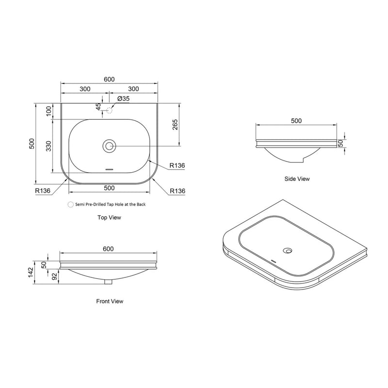 OTTI HAVANA ENGLISH EDGE MATTE WHITE UNDERMOUNT SINGLE VANITY TOP WITH SOFT SQUARE BASIN (MULTIPLE SIZES AVAILABLE)