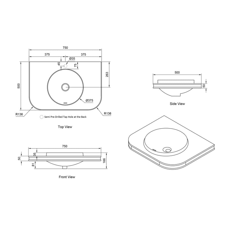 OTTI HAVANA ENGLISH EDGE MATTE WHITE UNDERMOUNT SINGLE VANITY TOP WITH ROUND BASIN (MULTIPLE SIZES AVAILABLE)