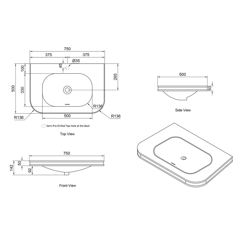 OTTI HAVANA ENGLISH EDGE MATTE WHITE UNDERMOUNT SINGLE VANITY TOP WITH SOFT SQUARE BASIN (MULTIPLE SIZES AVAILABLE)