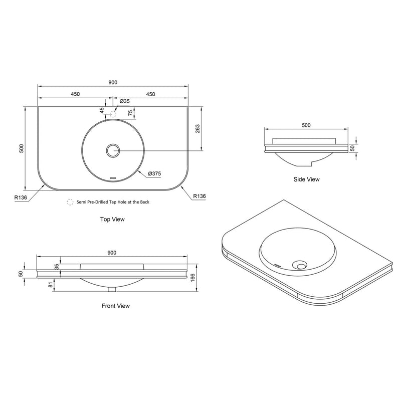 OTTI HAVANA ENGLISH EDGE MATTE WHITE UNDERMOUNT SINGLE VANITY TOP WITH ROUND BASIN (MULTIPLE SIZES AVAILABLE)