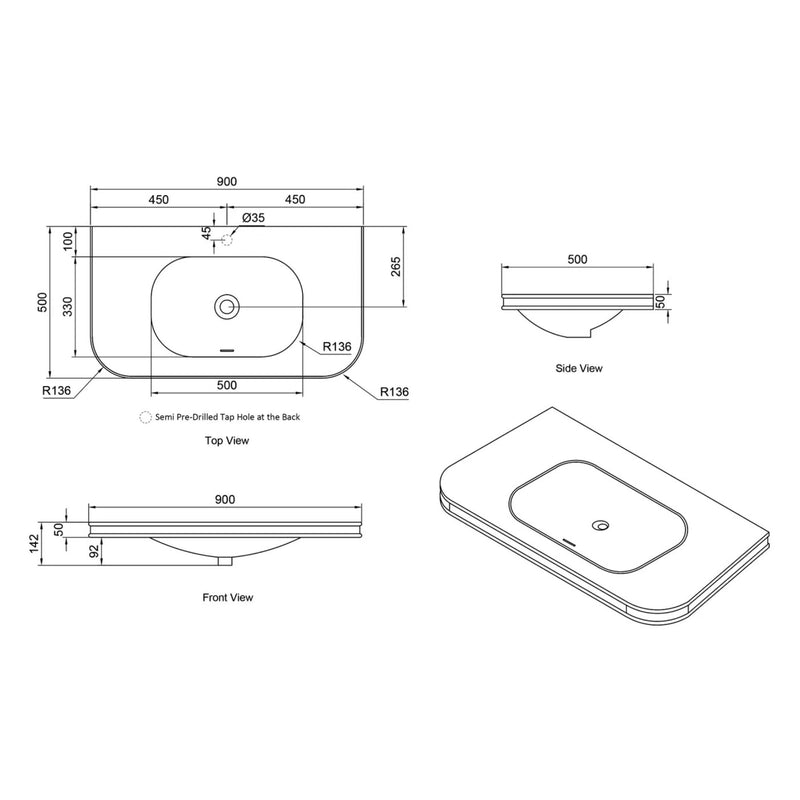 OTTI HAVANA ENGLISH EDGE MATTE WHITE UNDERMOUNT SINGLE VANITY TOP WITH SOFT SQUARE BASIN (MULTIPLE SIZES AVAILABLE)