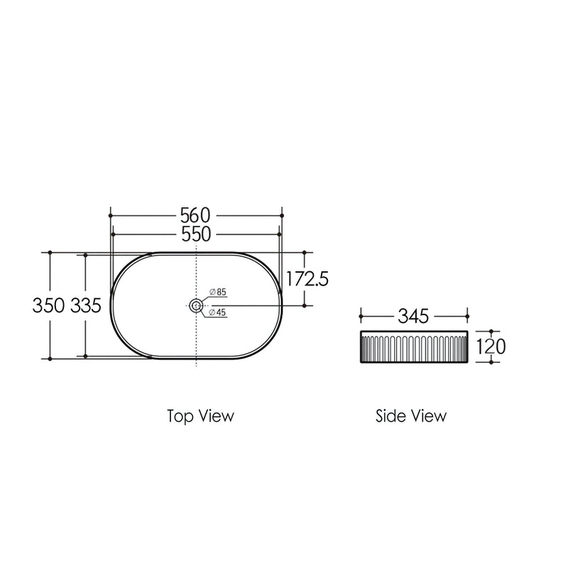 OTTI KENSINGTON FLUTED ABOVE COUNTER BASIN MATTE BLACK AND WHITE 560MM