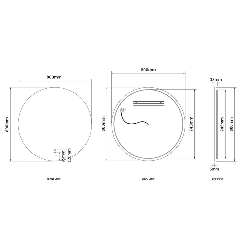 OTTI BONDI FRAMELESS ROUND LED MIRROR 3 COLOUR LIGHTS 800X800MM