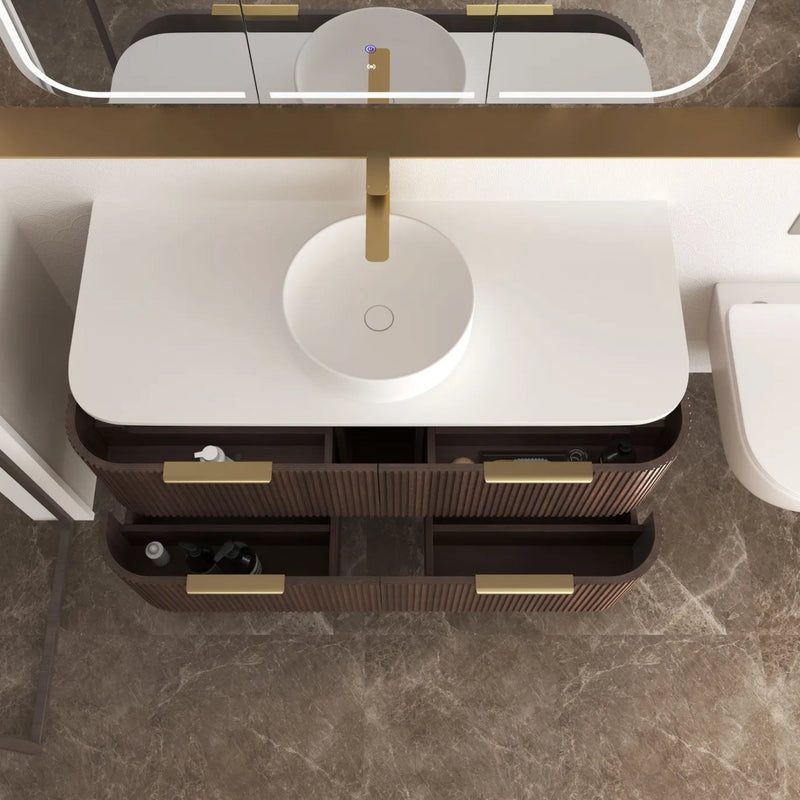 OTTI HAVANA SABLE WALNUT FLUTED 1200MM CURVE SINGLE BOWL WALL HUNG VANITY