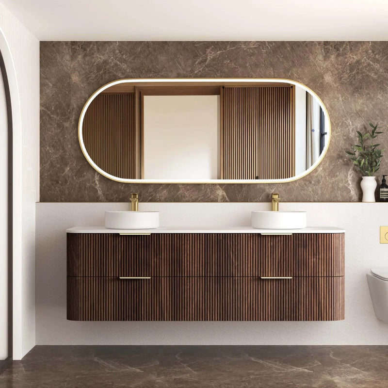 OTTI HAVANA SABLE WALNUT FLUTED 1800MM CURVE DOUBLE BOWL WALL HUNG VANITY