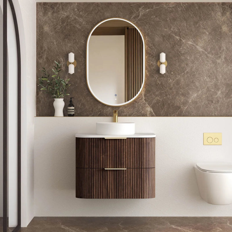 OTTI HAVANA SABLE WALNUT FLUTED 750MM CURVE SINGLE BOWL WALL HUNG VANITY