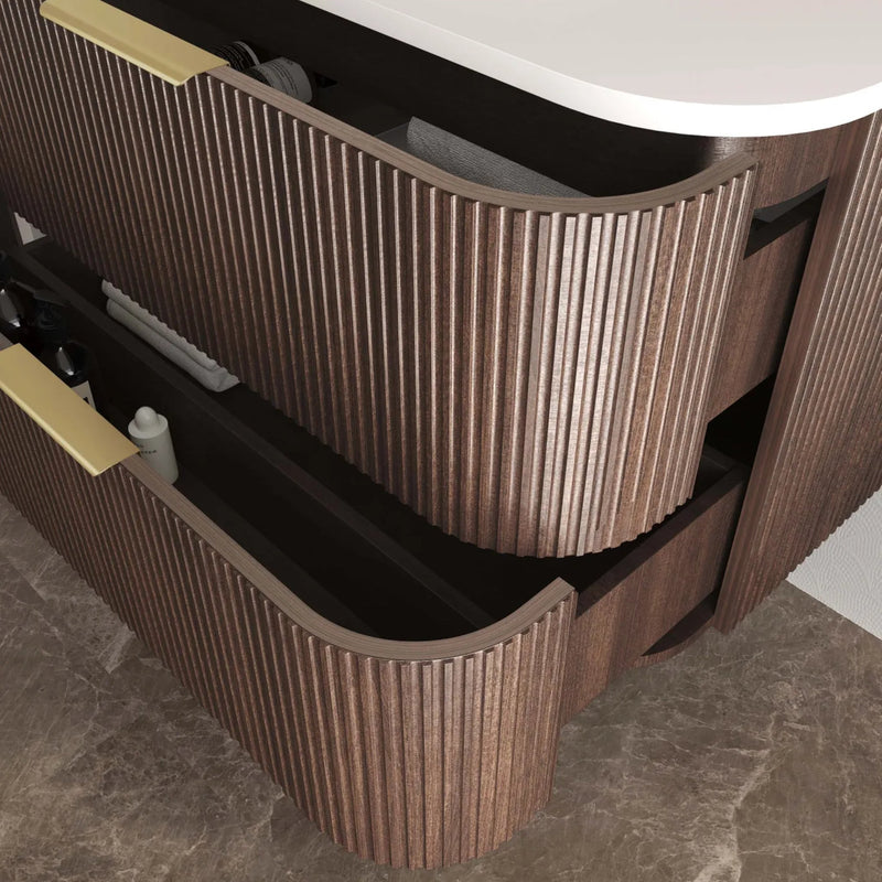OTTI HAVANA SABLE WALNUT FLUTED 900MM CURVE SINGLE BOWL WALL HUNG VANITY