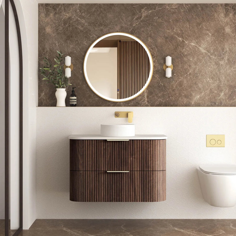 OTTI HAVANA SABLE WALNUT FLUTED 900MM CURVE SINGLE BOWL WALL HUNG VANITY