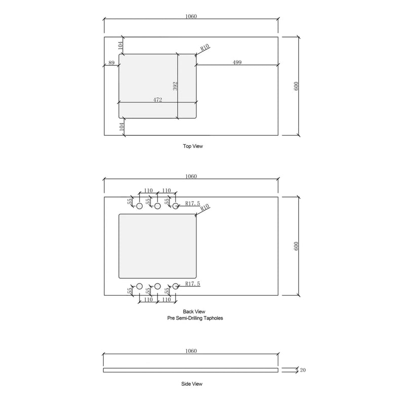 OTTI SOLID SURFACE PURE WHITE 1060MM LAUNDRY STONE TOP