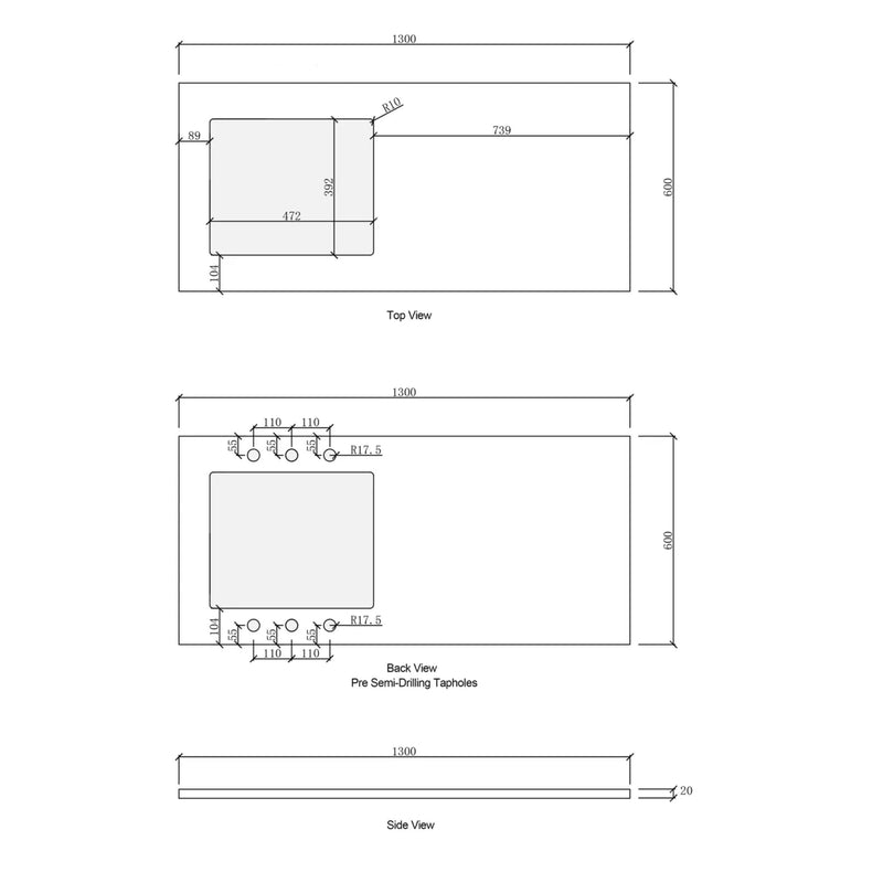 OTTI SOLID SURFACE PURE WHITE 1300MM LAUNDRY STONE TOP