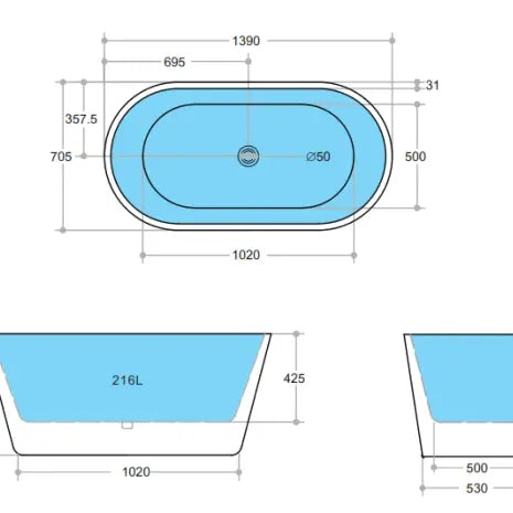 Ovia White Freestanding Bathtub - Non Overflow - Aqualux Bathrooms- Poseidon